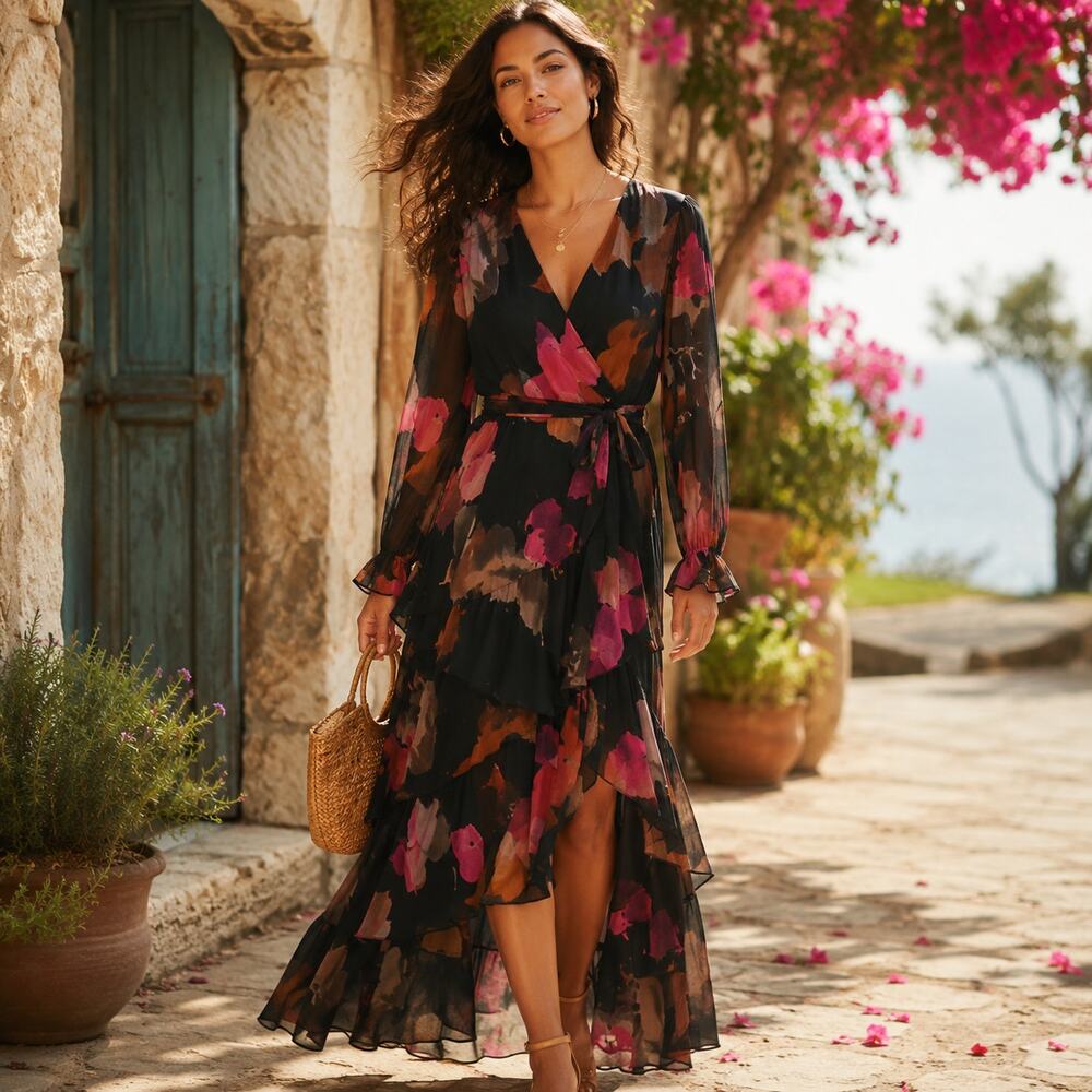Anthropologie Hutch SZ XL/1X Bardot Wrap Ruffle Maxi-Black Romantic Watercolor
